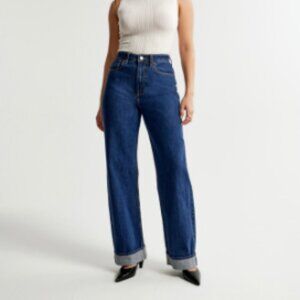 NWOT Abercrombie High Rise Loose Wide Leg Jean Dark Blue Color Wash Cuff Hem 28